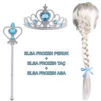 Eğitici Çocuk Örgülü Karlar Ülkesi Frozen Elsa Peruğu Tacı ve Sopası Çocuk Boy
