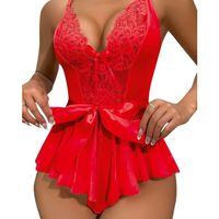 Kırmızı Dantel İşlemeli Kurdelalı Fantezi Tül Babydoll