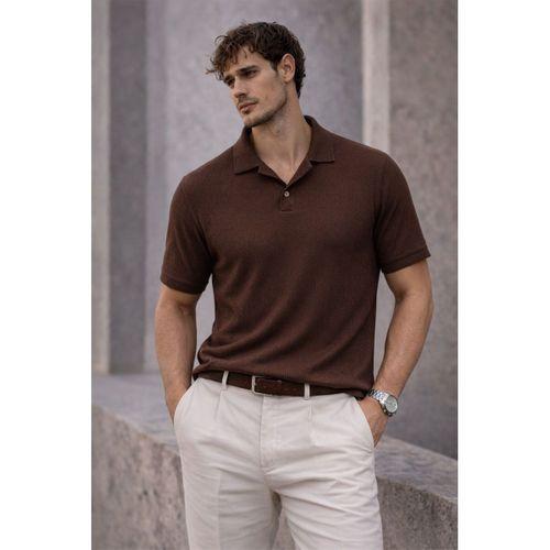 Aretus Şönil Kumaş Regular Fit Tek Düğmeli Polo Yaka Erkek T-Shirt - Kahve