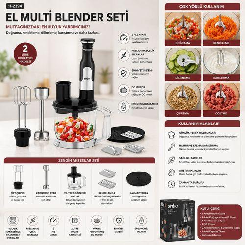 El Multi Blender Seti - 2 Hız, Paslanmaz Çelik Bıçak, 2 L Hazneli