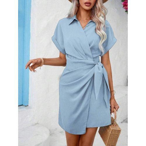 Kadın Kısa Kollu Yakalı Yandan Bağlamalı Dokuma Elbise