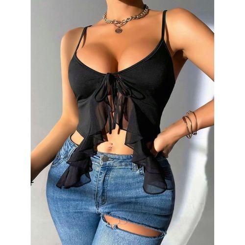 Kadın Siyah Crop Bluz Askılı Önden Bağlamalı Fırfır Detaylı Şık Kadın Üst Giyim Özel Tasarım