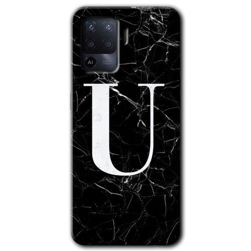 Oppo Reno 5 Lite Kılıf Baskılı Arka Kapak - Siyah Mermer Desenli U Harfi +Tam Ekran Koruyucu