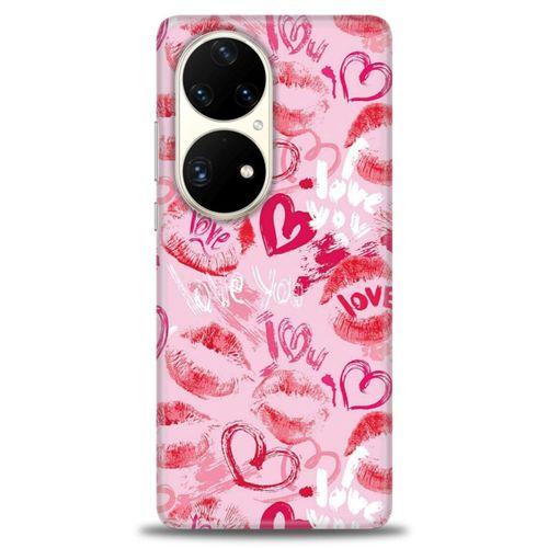 Huawei P50 Pro Kılıf HD Baskılı Kılıf - Pembe Love + Tam Ekran Koruyucu