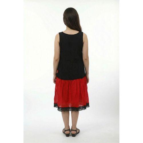 Kolsuz Papatya Yuvarlak Yaka Dantel Detaylı Yazlık Vual Kısa Elbise Siyah/Kırmızı Syh/Krmz