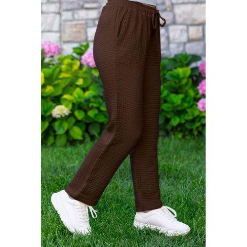 Beli Lastikli Multi Çift Cepli Müslin Kadın/Erkek Unisex Yazlık Pantolon Kahve Khv