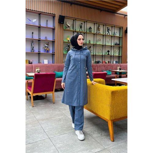 Kapşonlu Düğmeli Sade Basic Uzun Tunik ve Pantolon İkili Spor Takım - 03072.006 - İndigo