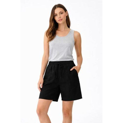 Keten Kumaş Cepli Rahat Kesim Bel Lastikli Şort - Siyah