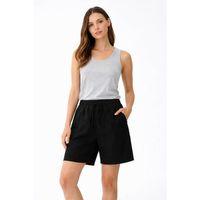 Keten Kumaş Cepli Rahat Kesim Bel Lastikli Şort - Siyah