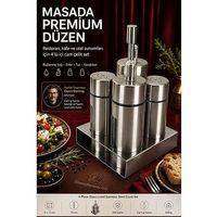 4'lü İçi Cam Paslanmaz Çelik Yağlık Sirkelik Tuzluk Standlı Set Restaurant Horeca  723499