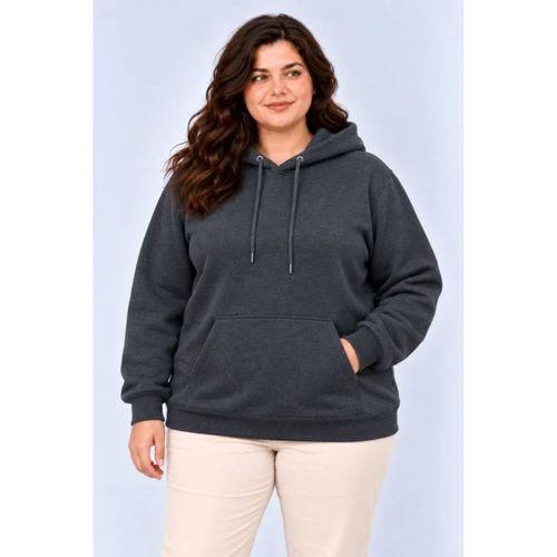 Battal Büyük Beden Üç İplik İçi Şardonlu Kapüşonlu Kanguru Cepli Kışlık Sweatshirt - Füme