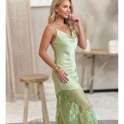 Kadın Omuz Askılı Fantel Güpür Transparan Detay Saten Elbise