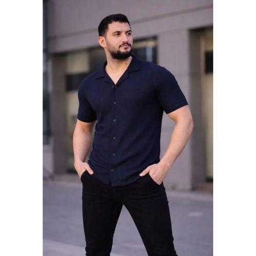 Erkek Waffle Kumaş Kısa Kollu Düğmeli Açık Yaka Regular Fit Gömlek - Lacivert