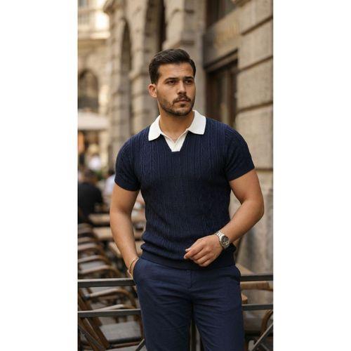 Erkek Desenli Kısa Kollu Triko Tişört - %100 Pamuk Akrilik