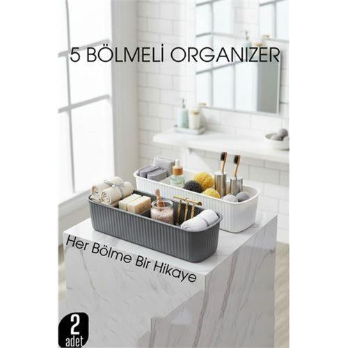 5 Bölmeli Banyo ve Makyaj Organizer Kutusu Gri & Beyaz 2’li Set  Tezgah Üstü Düzenleyici