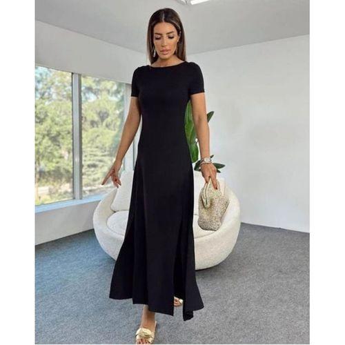 Kadın Kısa Kollu Sırt Dekolteli Yırtmaç Detaylı Viskon Elbise