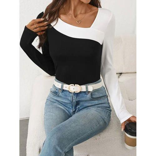 Kadın Uzun Kollu Geometrik Yaka Detaylı çift Renkli Viskon Bluz