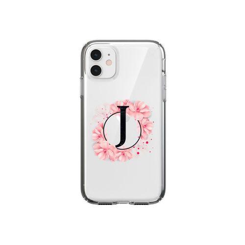 iPhone 11 Pembe Çiçek Desen J Harfli Şeffaf Kılıf