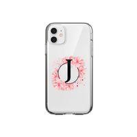 iPhone 11 Pembe Çiçek Desen J Harfli Şeffaf Kılıf