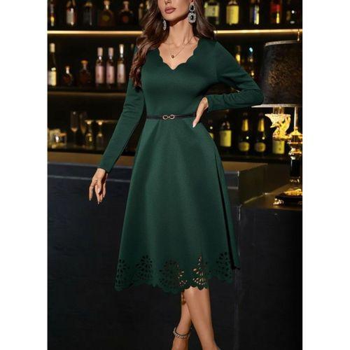 Kadın Uzun Kollu V Yakalı Lazer Kesim Detaylı Midi Ithal Krep Elbise