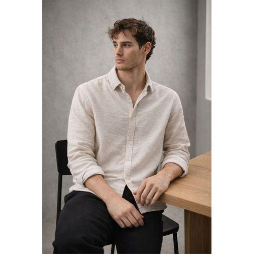 Pera Kumaş Keten Görünümlü Yarım Oversize Uzun kollu Erkek Gömlek - Taş