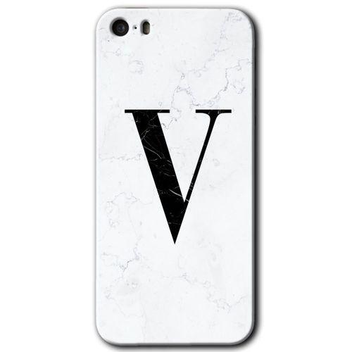 iPhone 5 HD Baskılı Kılıf + 9D Tam Ekran Koruyucu - Beyaz Mermer Desenli V Harfi