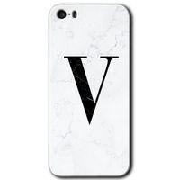 iPhone 5 HD Baskılı Kılıf + 9D Tam Ekran Koruyucu - Beyaz Mermer Desenli V Harfi