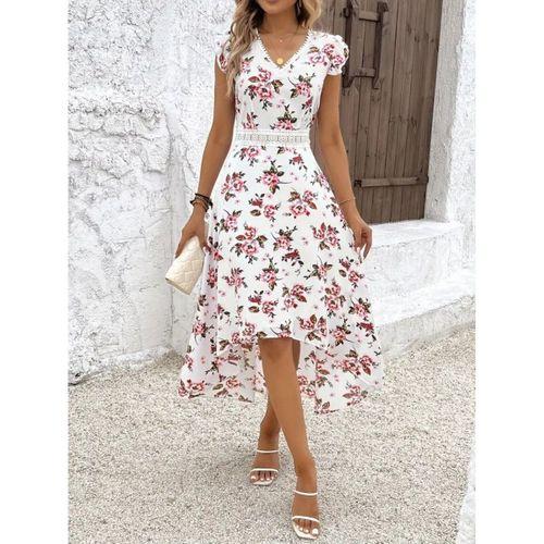 Kadın Kısa Kollu V Yakalı çiçek Desenli önü Kısa Arkası Uzun Süprem Elbise