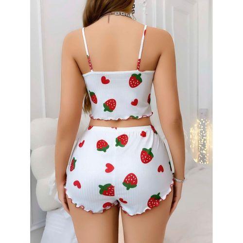 Kadın Beyaz Çilek Desenli Şortlu Pijama Takımı 5053