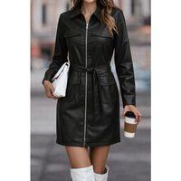 Kadın Uzun Kollu Yakalı Cepli önü Fermuarlı Mini Deri Elbise