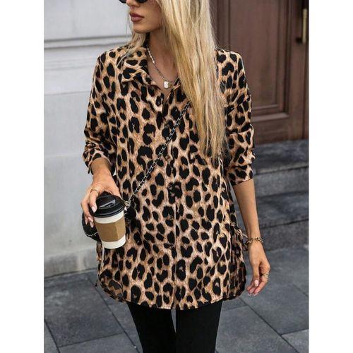Kadın Uzun Kollu Yakalı önden Düğmeli Yandan Bağcıklı Leopar Desenli Modal Bluz