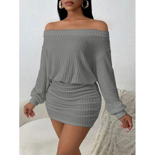 Kadın Uzun Kollu Madonna Yaka Yanlardan Büzgülü şardonlu Kaşkorse Mini Elbise