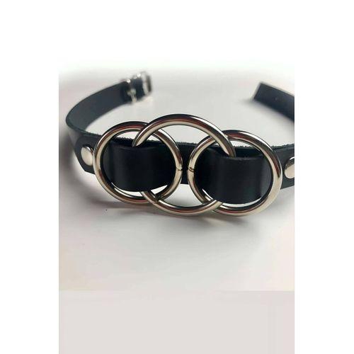 Üçlü Halka Detaylı Ayarlı Şık Deri Choker