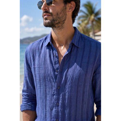 Ralph Çizgi Desenli Yumuşak Dokulu Rahat Kalıp Yazlık Erkek Gömlek - Lacivert