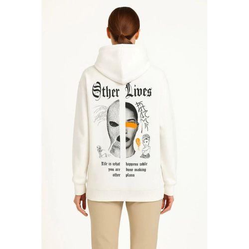 Üç İplik Kapşonlu ön Ve Arka Baskılı SweatShirt Hoodie- Beyaz
