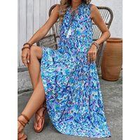 Kadın Askılı Yakası Fırfırlı Bağcıklı Desenli Uzun Süprem Elbise