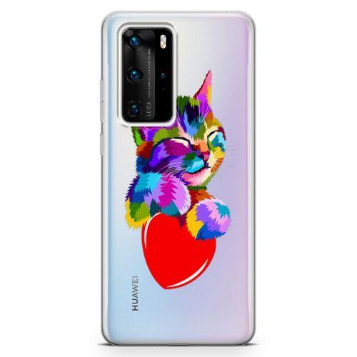 Huawei P40 Pro Kılıf Kalpli Kedi Arka Kapak Koruma Desenli Full Koruyucu