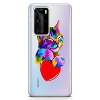 Huawei P40 Pro Kılıf Kalpli Kedi Arka Kapak Koruma Desenli Full Koruyucu
