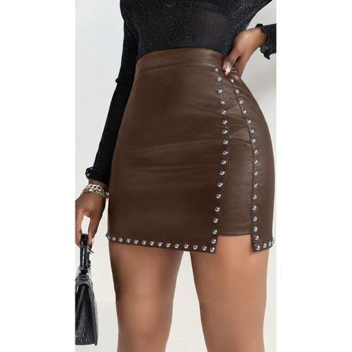 Kadın Yüksek Belli Yandan çivili Mini Deri Etek