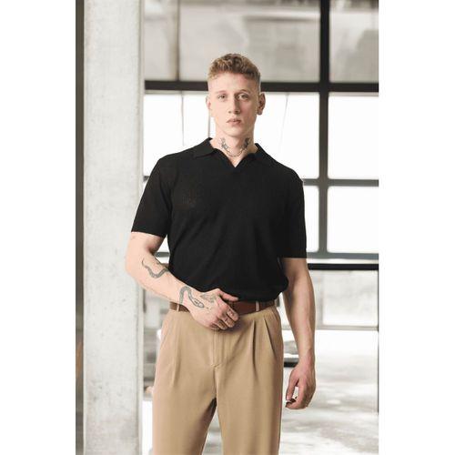 Örme Desenli Viskon Polo Yaka Triko Erkek T-Shirt - Siyah