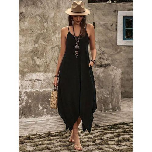 Kadın Askılı V Yakalı Cep Detaylı Asimetrik Kesim Detaylı Viskon Elbise