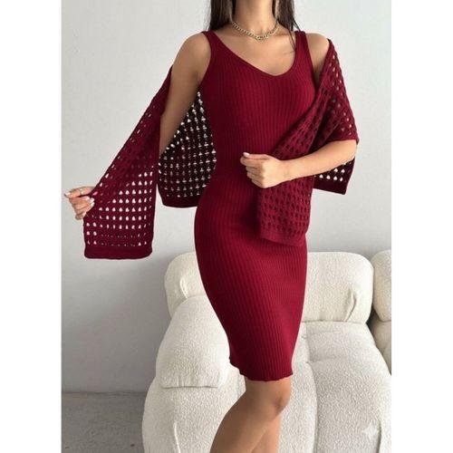Kadın Uzun Kollu Delikli Kazak Askılı Elbise Triko Ikili Takım