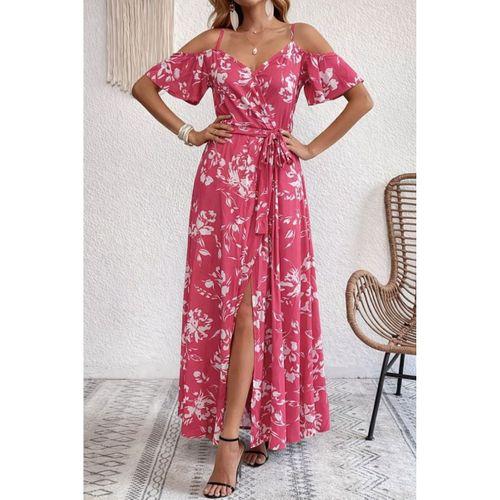 Kadın Ip Askılı Kısa Kollu Kruvaze Yakalı Yırtmaçlı Desenli Süprem Elbise