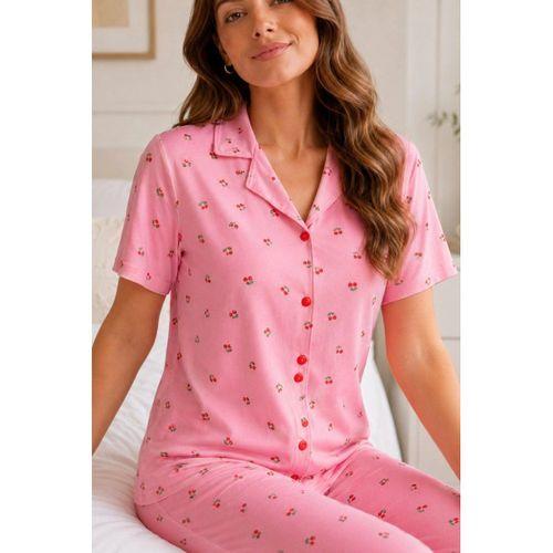 Kadın Pijama Takımı - Kiraz Desenli Kısa Kollu Gömlek Yaka Milan Kumaş, Pembe