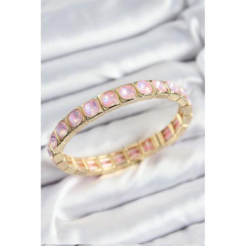 Pirinç Pembe Zirkon Taşlı Kare Model Gold Renk Lastikli Kadın Bileklik - TJ-BB7499