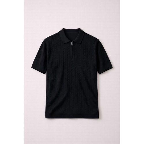 Burke Saç Örgü Yarım Fermuarlı Kısa Kollu İnce Triko Erkek T-Shirt - Siyah