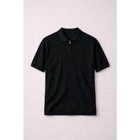 Burke Saç Örgü Yarım Fermuarlı Kısa Kollu İnce Triko Erkek T-Shirt - Siyah