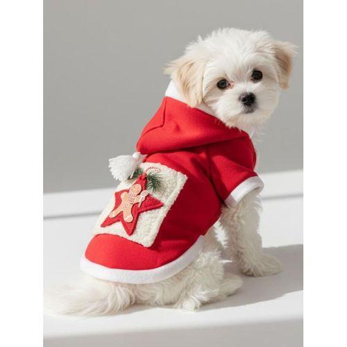Yıldız Desenli Yılbaşı Köpek Kıyafeti Premium Kırmızı Polar | Kapüşonlu Noel Köpek Kostümü | Küçük Irklar İçin