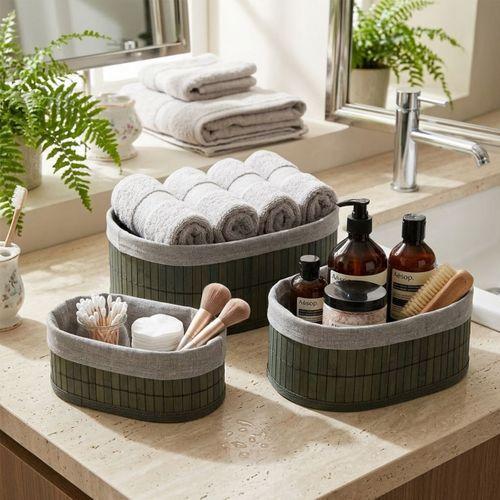 Oval Bambu Kenarlı 3'lü Organizer Sepet Seti - Gri