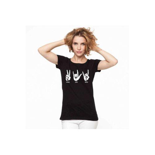 Love Rock Baskılı Dar Kesim Kadın Siyah t-shirt